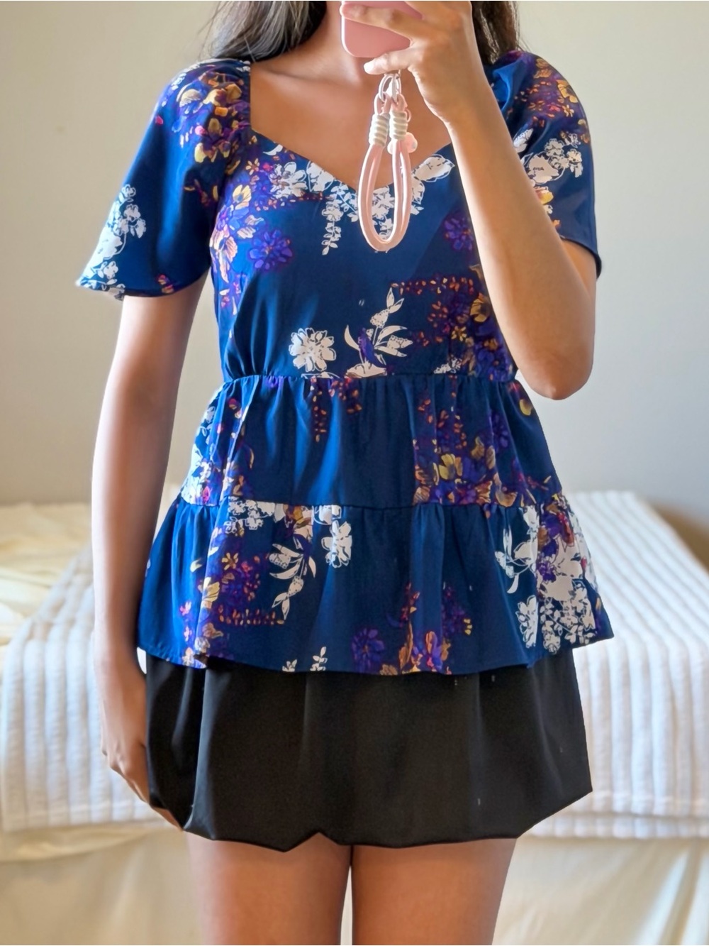 Monteau Navy Blue Floral Tiered Peplum Top